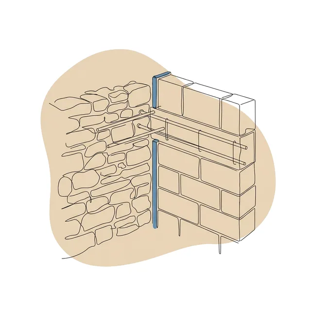 Liaison entre un vieux mur en pierre et un mur neuf en parpaings, goujons et joint vertical