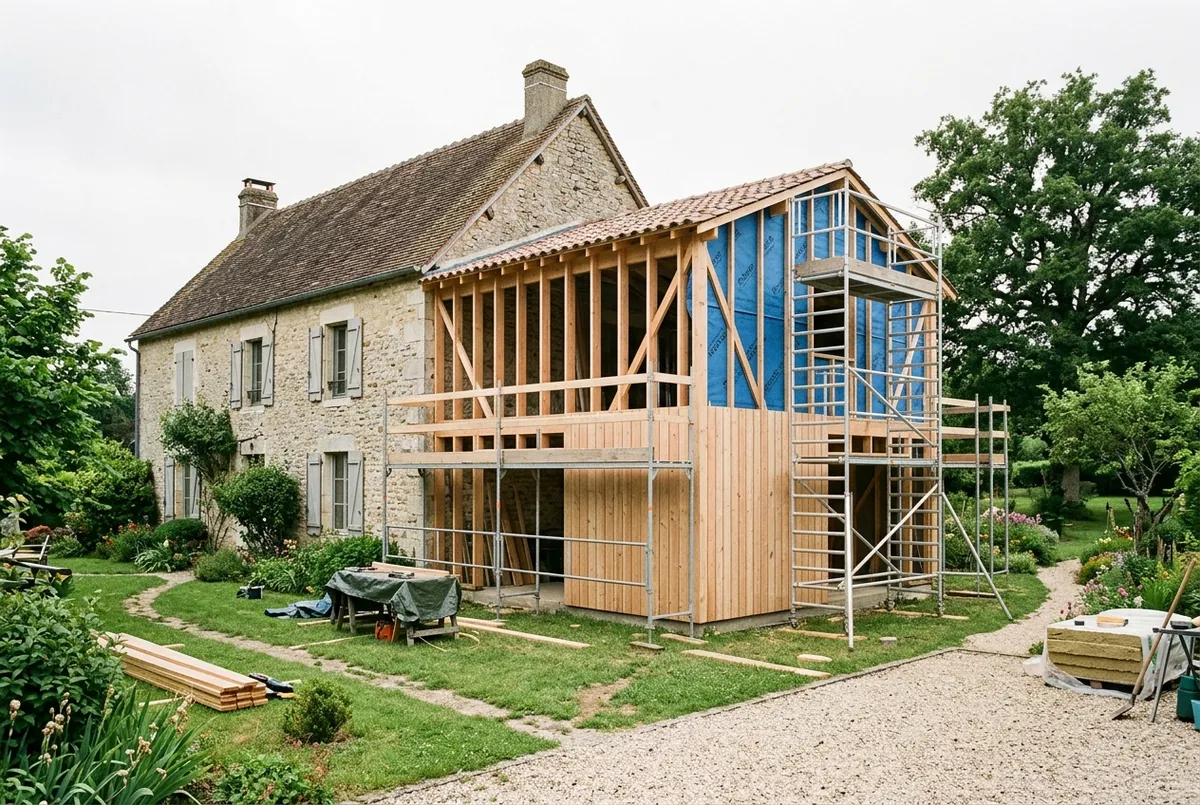 Extension à ossature bois en cours de montage contre une maison en pierre, pare-pluie et bardage partiellement posés