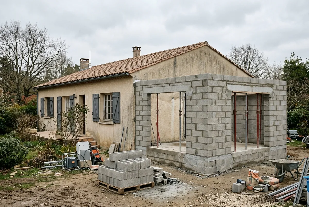 Murs en parpaings d’une extension montés contre la façade enduite d’une maison, étais en place sous le linteau